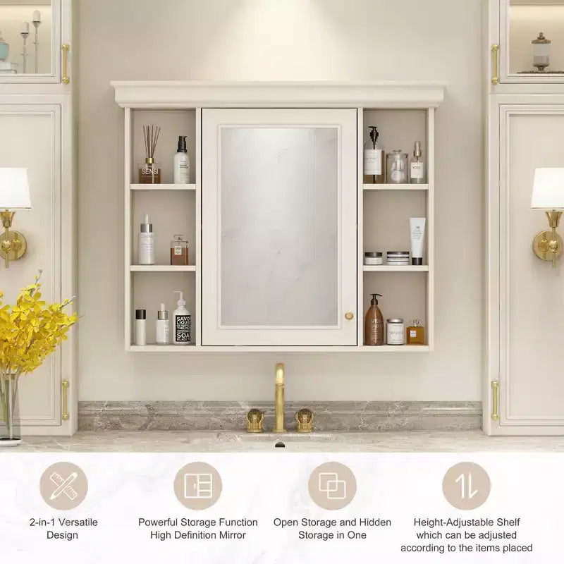 Meuble de rangement mural de salle de bain de 28,74 po avec porte miroir, 6 tablettes ouvertes, beige