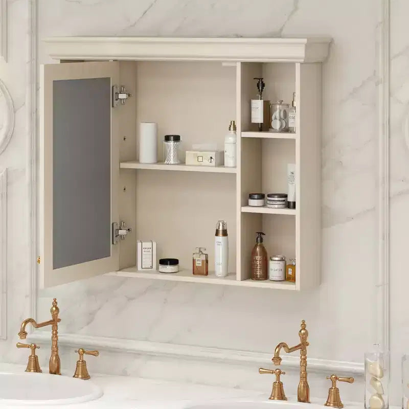 Meuble de rangement mural de salle de bain de 28,74 po avec porte miroir, 6 tablettes ouvertes, beige