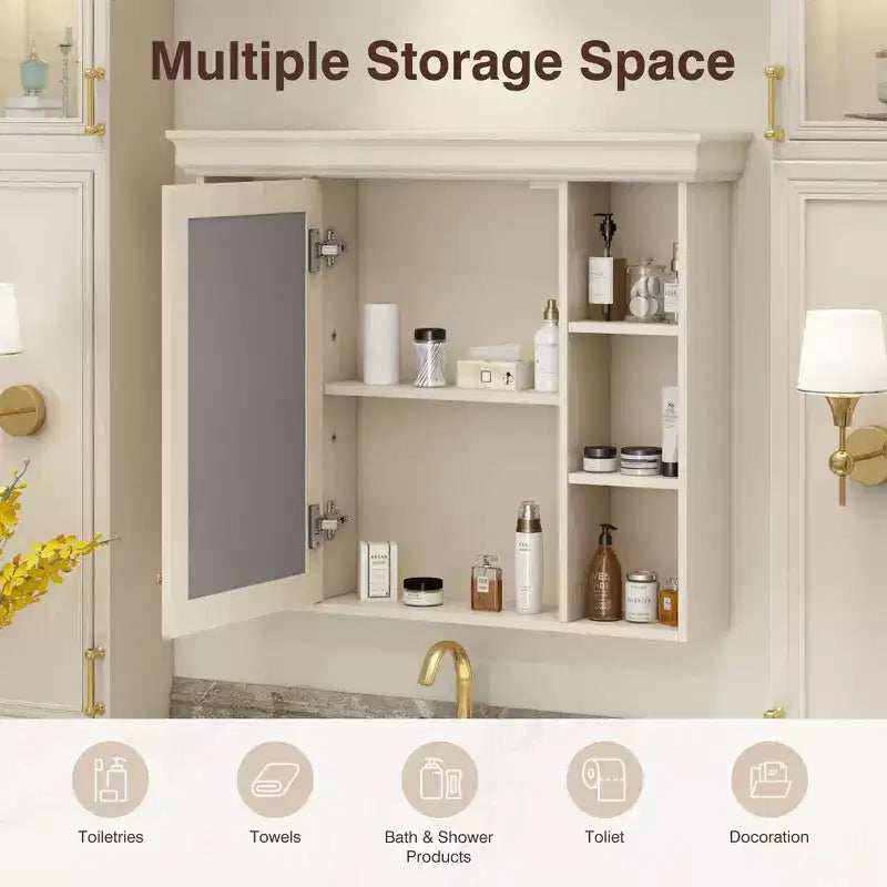 Meuble de rangement mural de salle de bain de 28,74 po avec porte miroir, 6 tablettes ouvertes, beige