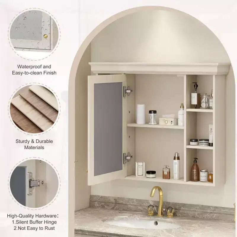 Meuble de rangement mural de salle de bain de 28,74 po avec porte miroir, 6 tablettes ouvertes, beige