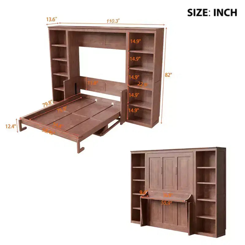 Lit escamotable grand format et sommier avec bureau et étagère, design peu encombrant