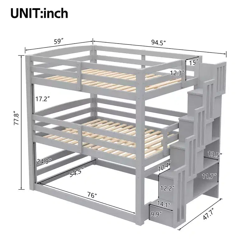 Lit superposé triple pour jumeaux avec escalier de rangement, conception séparée