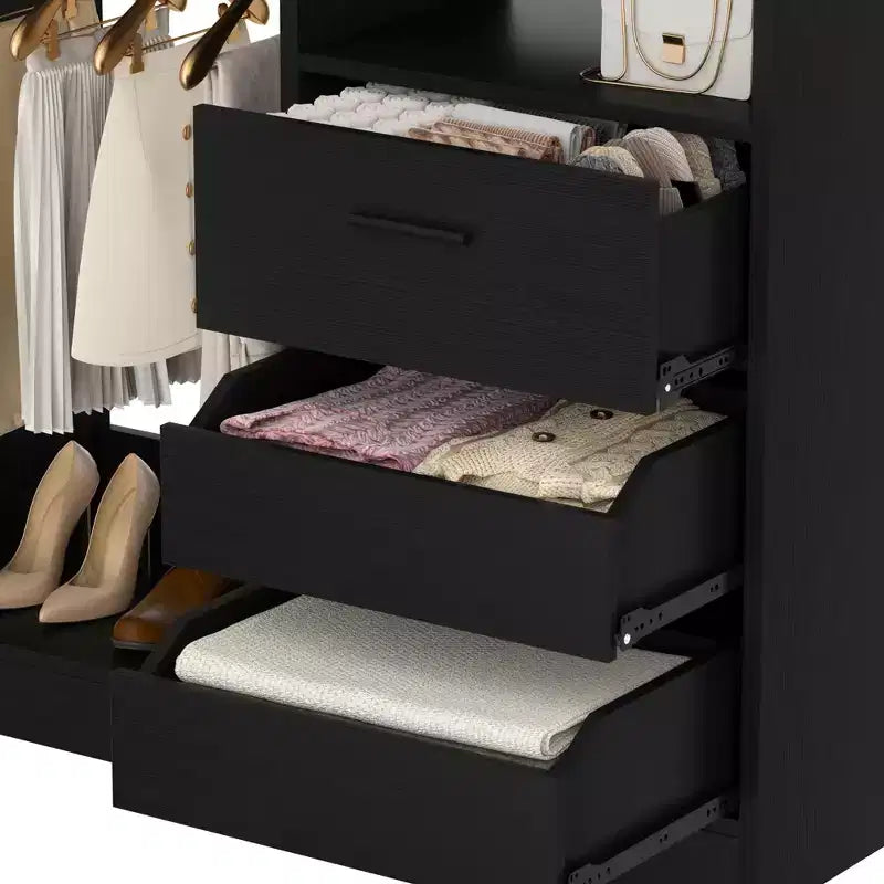 Organisateur de placard 36 pouces avec tiroirs en bois, système de rangement autoportant avec tringles à vêtements