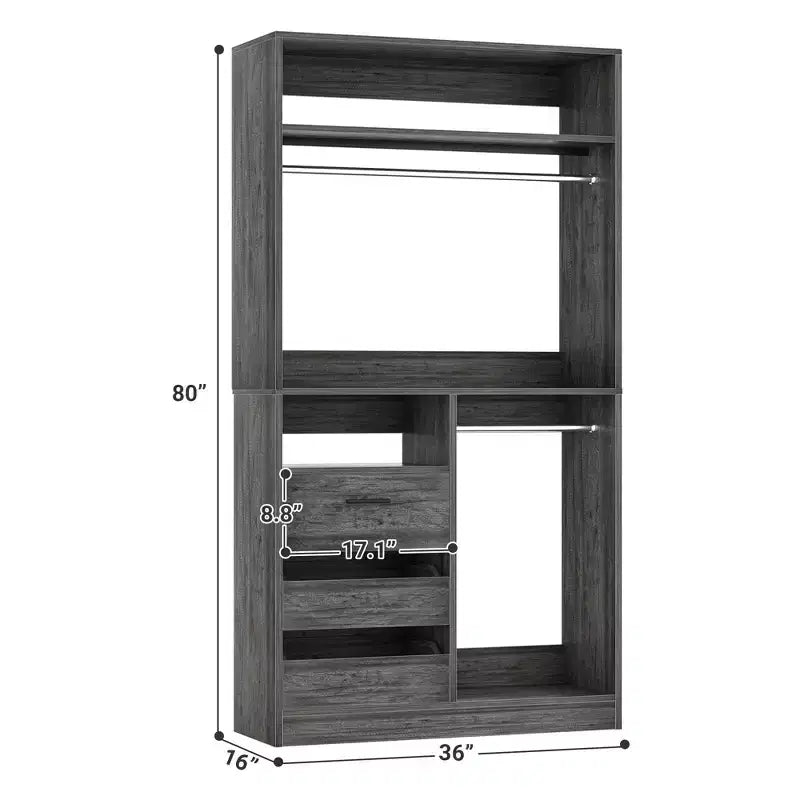 Organisateur de placard 36 pouces avec tiroirs en bois, système de rangement autoportant avec tringles à vêtements