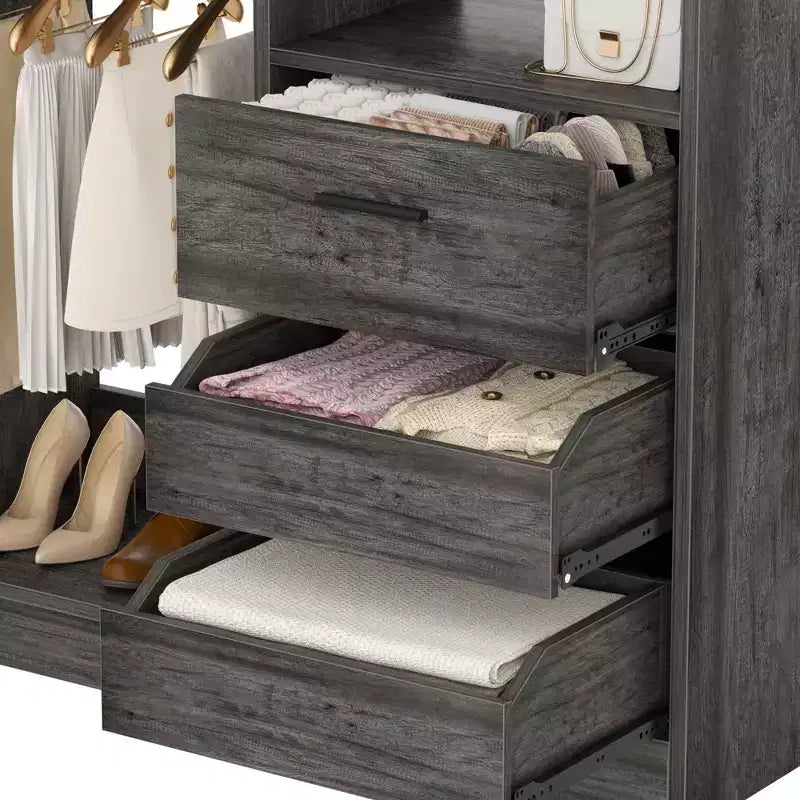 Organisateur de placard 36 pouces avec tiroirs en bois, système de rangement autoportant avec tringles à vêtements