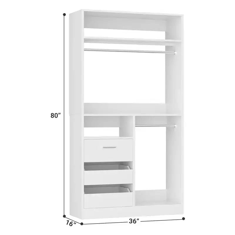 Organisateur de placard 36 pouces avec tiroirs en bois, système de rangement autoportant avec tringles à vêtements
