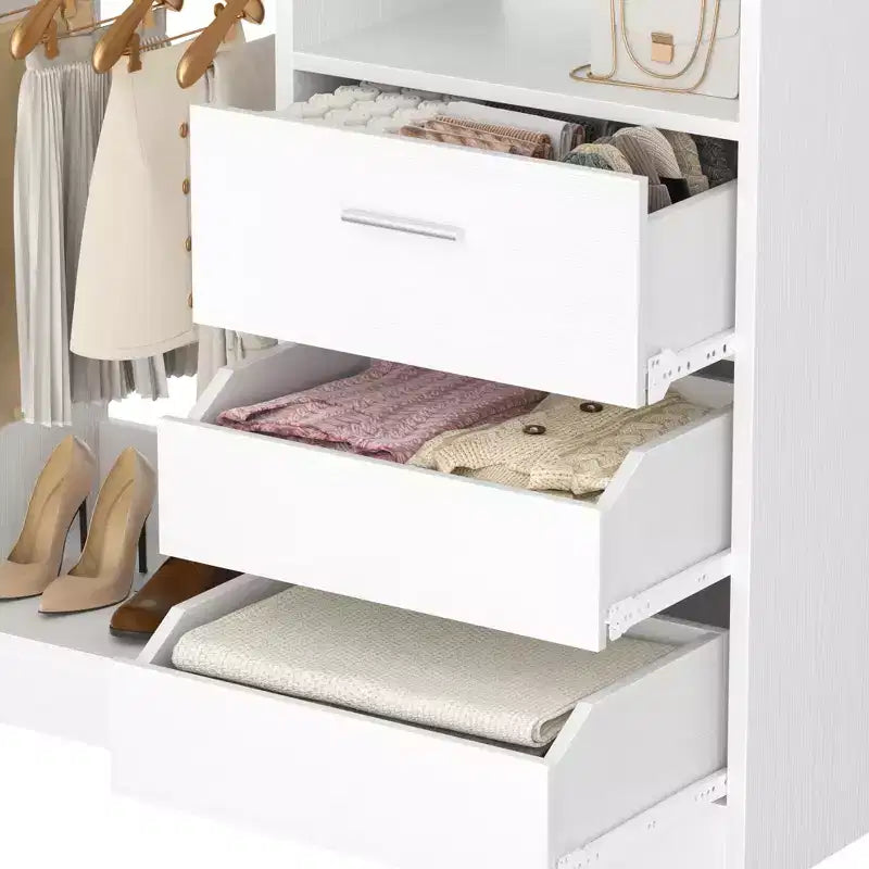 Organisateur de placard 36 pouces avec tiroirs en bois, système de rangement autoportant avec tringles à vêtements