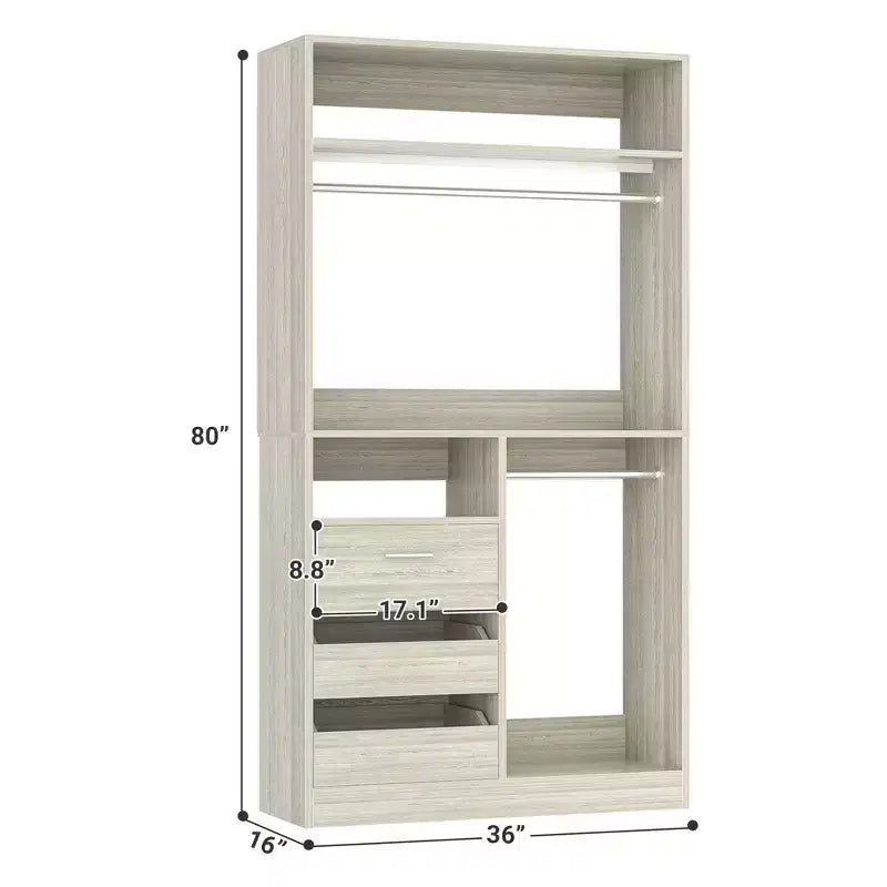 Organisateur de placard 36 pouces avec tiroirs en bois, système de rangement autoportant avec tringles à vêtements