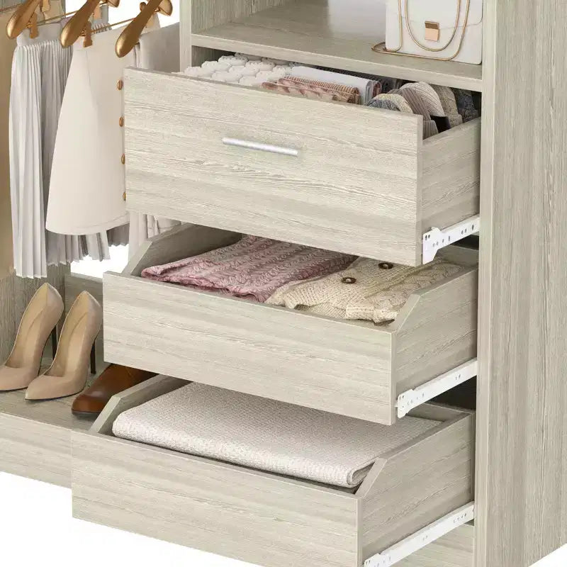 Organisateur de placard 36 pouces avec tiroirs en bois, système de rangement autoportant avec tringles à vêtements