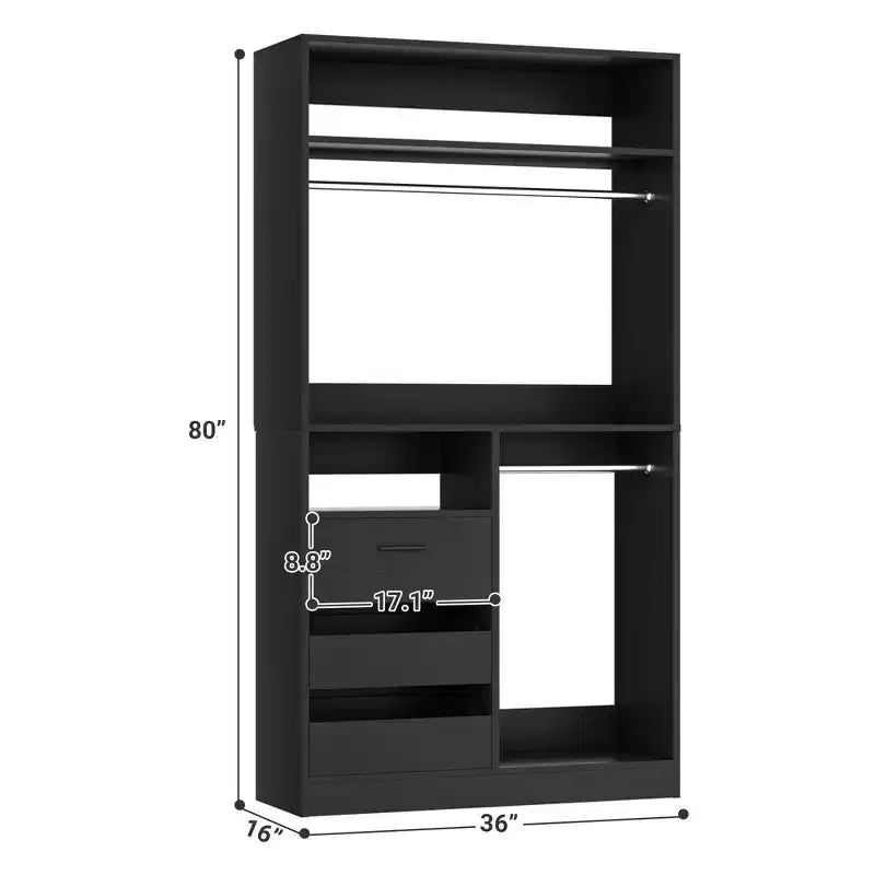 Organisateur de placard 36 pouces avec tiroirs en bois, système de rangement autoportant avec tringles à vêtements