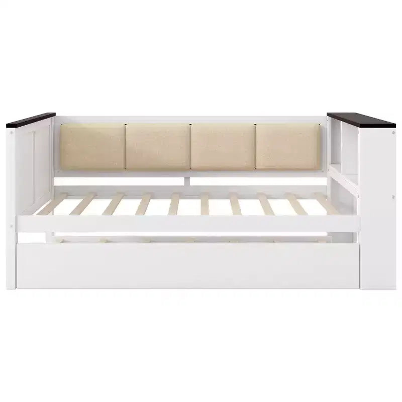 Lit de repos et cadre de lit double en bois avec étagères de rangement, dossier rembourré et lit gigogne