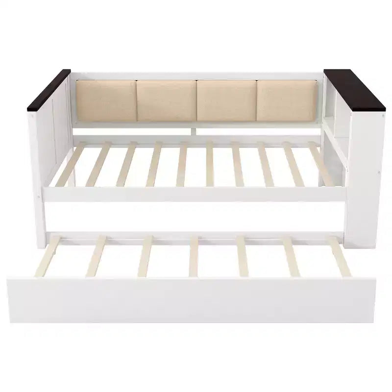 Lit de repos et cadre de lit double en bois avec étagères de rangement, dossier rembourré et lit gigogne