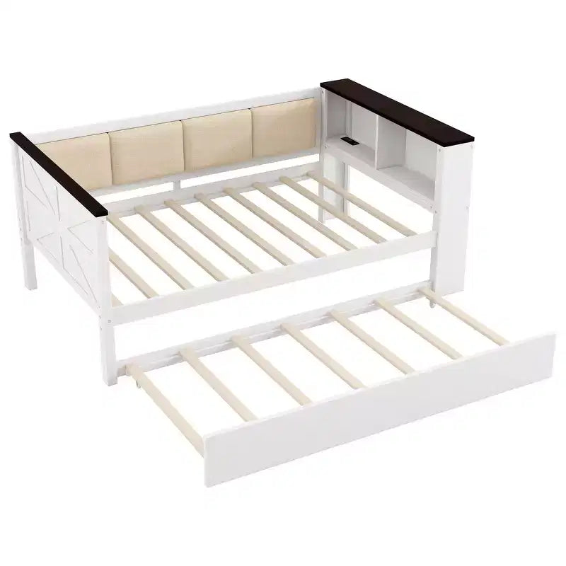 Lit de repos et cadre de lit double en bois avec étagères de rangement, dossier rembourré et lit gigogne