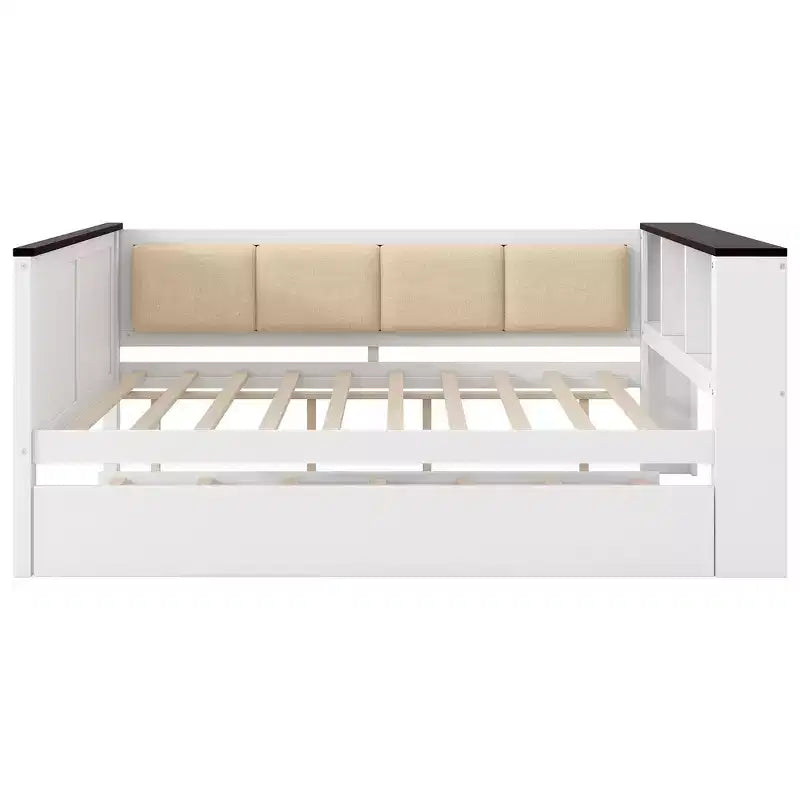 Lit de repos et cadre de lit double en bois avec étagères de rangement, dossier rembourré et lit gigogne
