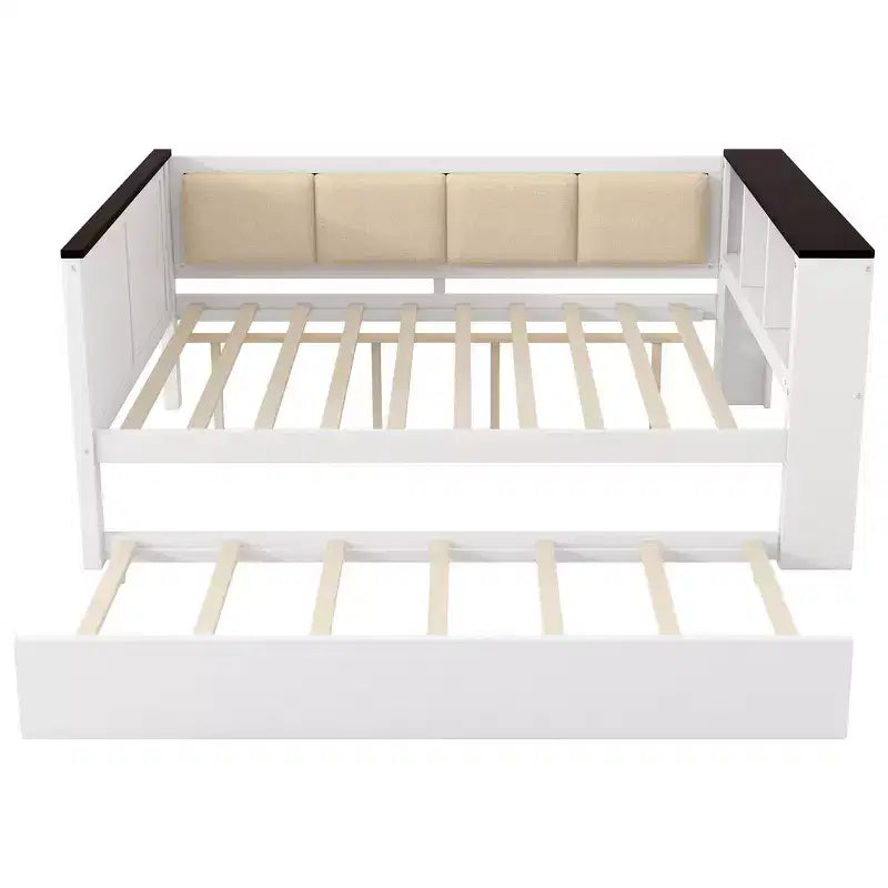 Lit de repos et cadre de lit double en bois avec étagères de rangement, dossier rembourré et lit gigogne