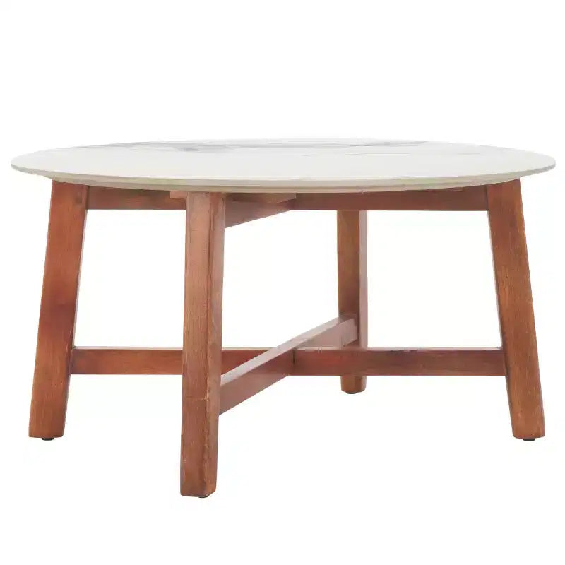 Table basse ronde avec plateau en céramique, blanc cassé