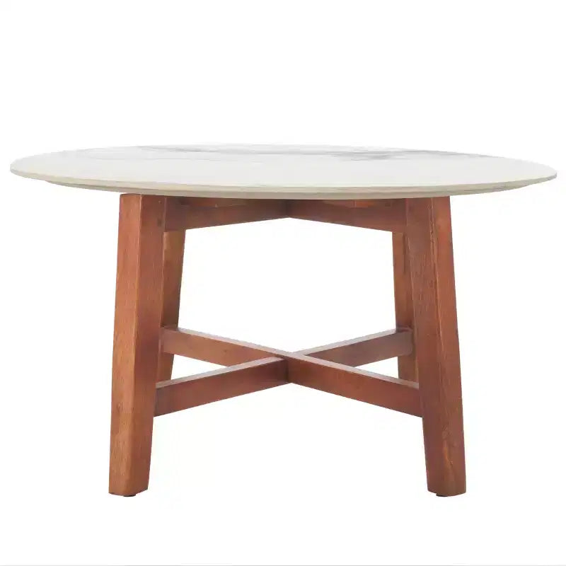 Table basse ronde avec plateau en céramique, blanc cassé