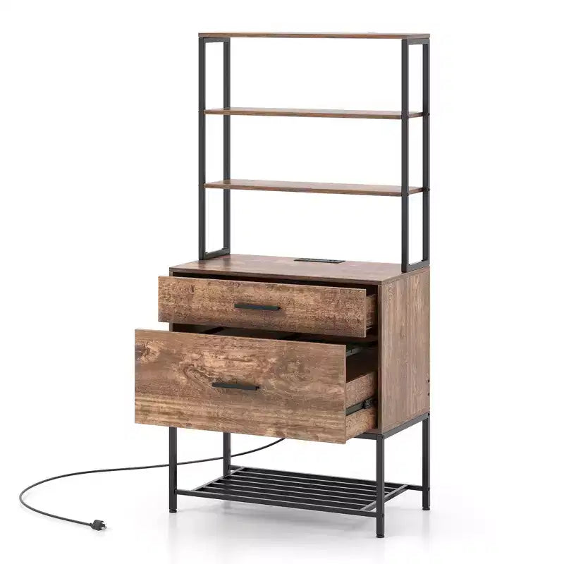 Meuble de Rangement avec Station de Charge, Étagères Ouvertes 3 Niveaux et Grand Tiroir, Marron Rustique