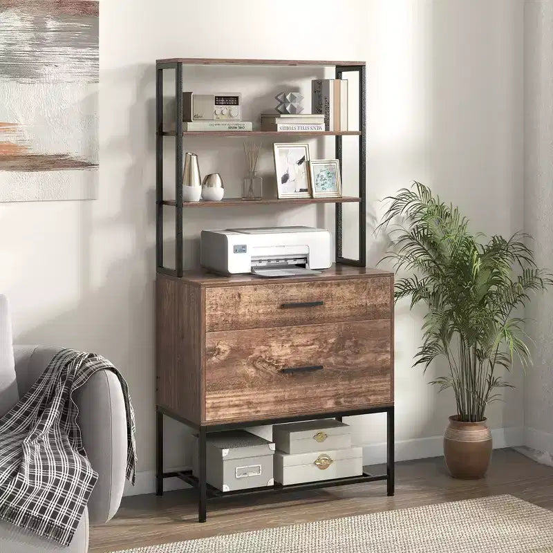 Meuble de Rangement avec Station de Charge, Étagères Ouvertes 3 Niveaux et Grand Tiroir, Marron Rustique