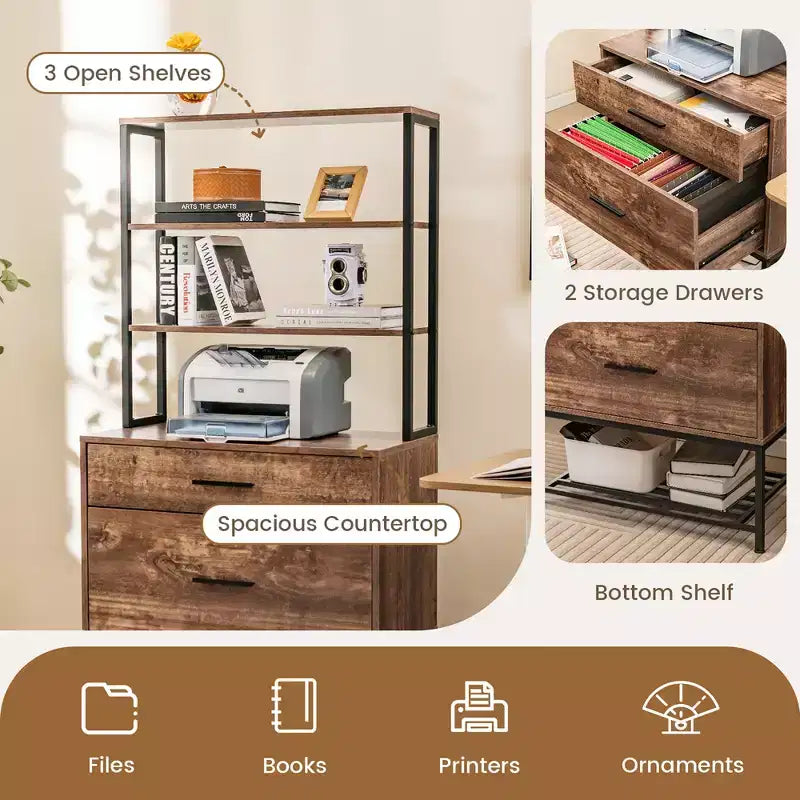Meuble de Rangement avec Station de Charge, Étagères Ouvertes 3 Niveaux et Grand Tiroir, Marron Rustique