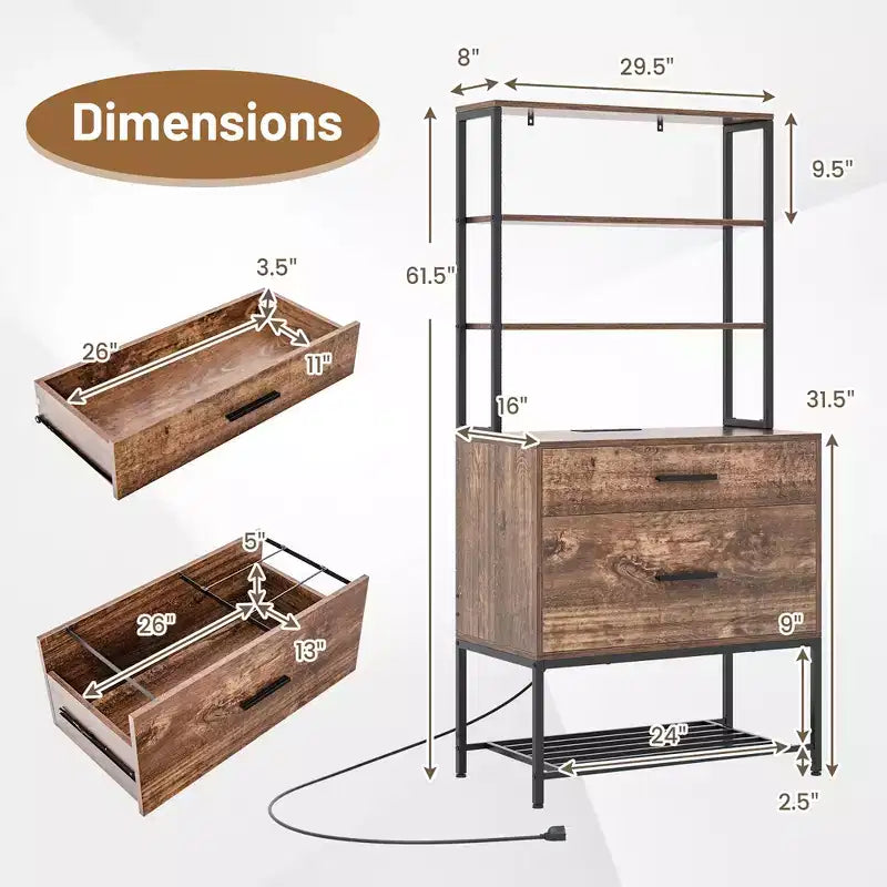 Meuble de Rangement avec Station de Charge, Étagères Ouvertes 3 Niveaux et Grand Tiroir, Marron Rustique