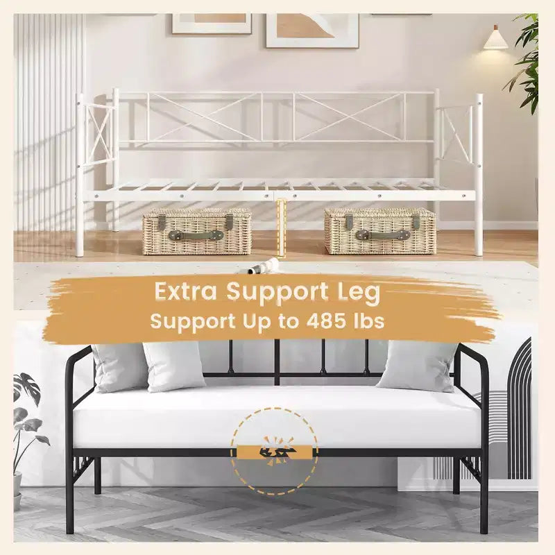 Lit de repos en métal, format jumeau, lit plateforme moderne avec support à lattes métalliques robustes