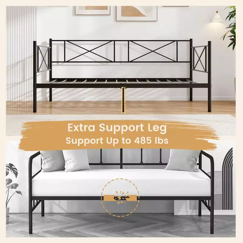Lit de repos en métal, format jumeau, lit plateforme moderne avec support à lattes métalliques robustes