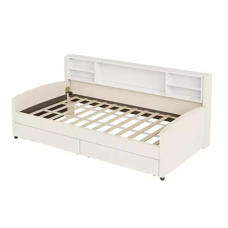 Cadre de lit de repos double avec 2 tiroirs de rangement et rangement latéral, revêtement en velours