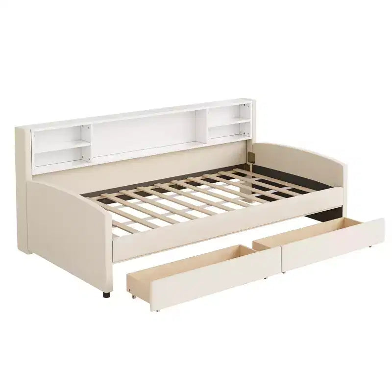 Cadre de lit de repos double avec 2 tiroirs de rangement et rangement latéral, revêtement en velours