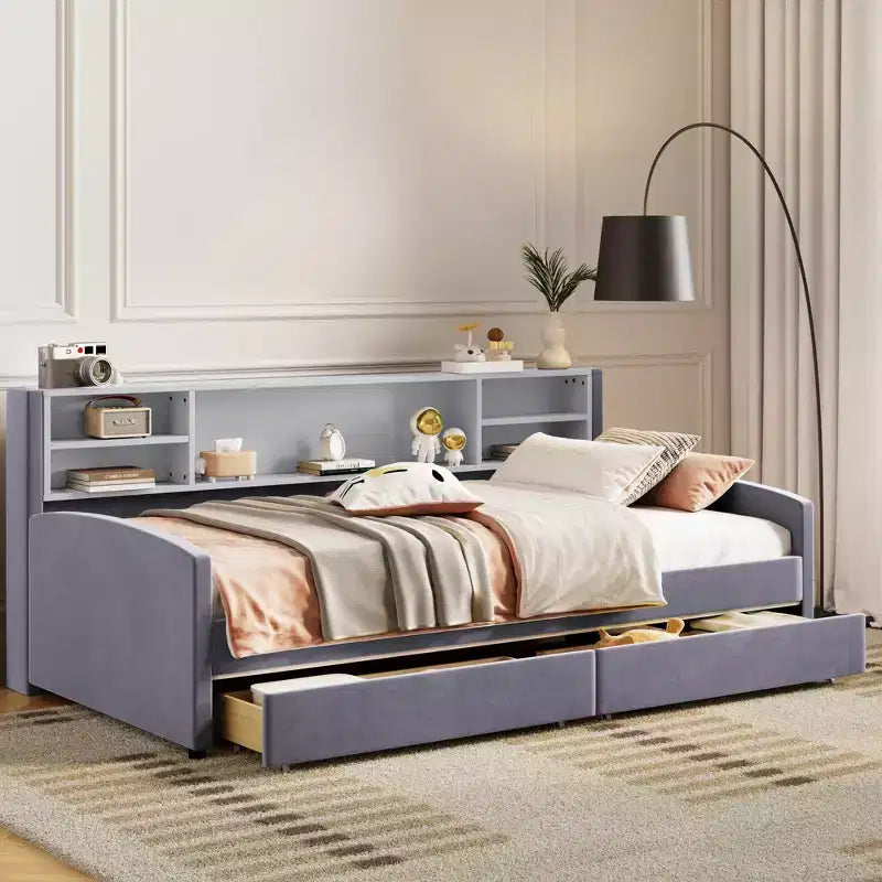 Cadre de lit de repos double avec 2 tiroirs de rangement et rangement latéral, revêtement en velours