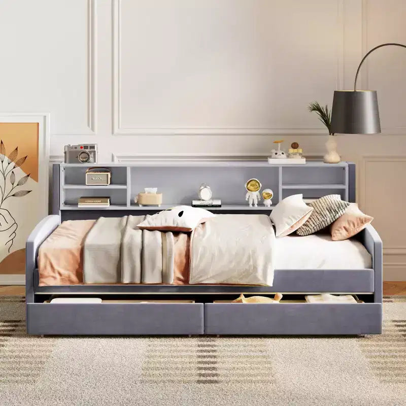 Cadre de lit de repos double avec 2 tiroirs de rangement et rangement latéral, revêtement en velours