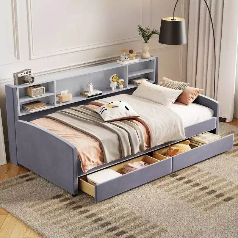 Cadre de lit de repos double avec 2 tiroirs de rangement et rangement latéral, revêtement en velours