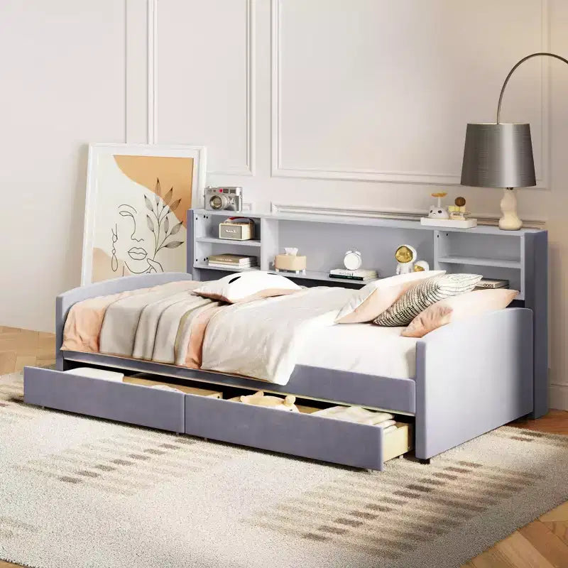 Cadre de lit de repos double avec 2 tiroirs de rangement et rangement latéral, revêtement en velours