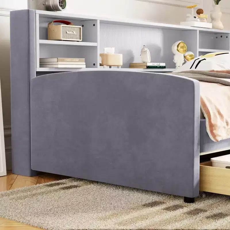 Cadre de lit de repos double avec 2 tiroirs de rangement et rangement latéral, revêtement en velours