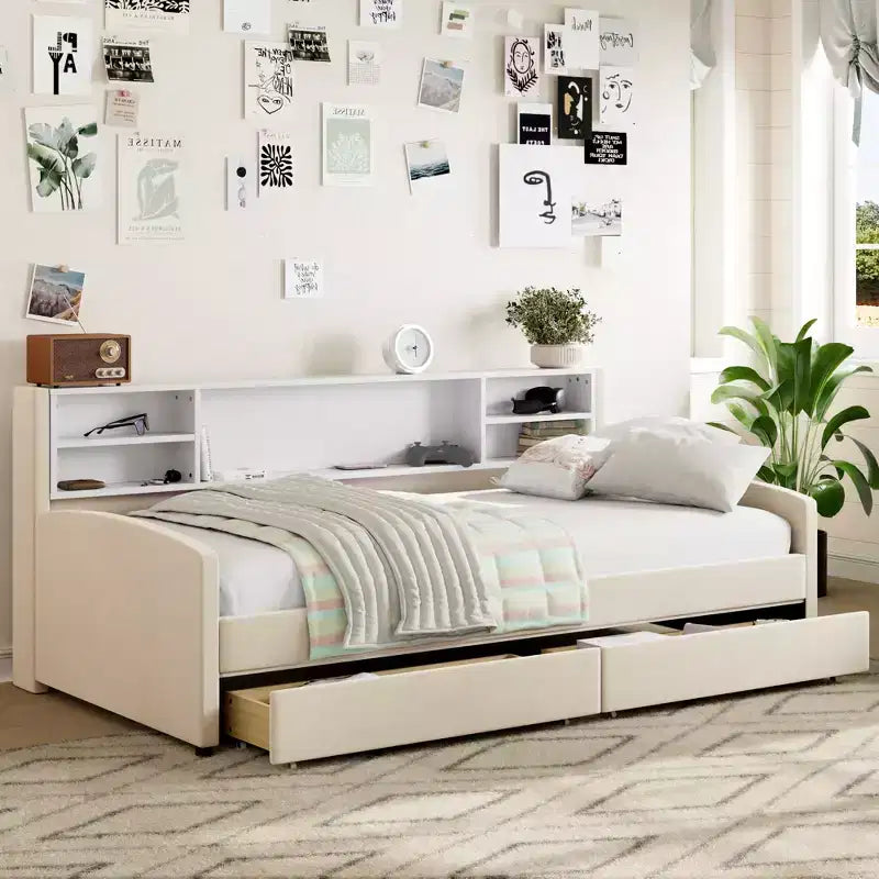 Cadre de lit de repos double avec 2 tiroirs de rangement et rangement latéral, revêtement en velours