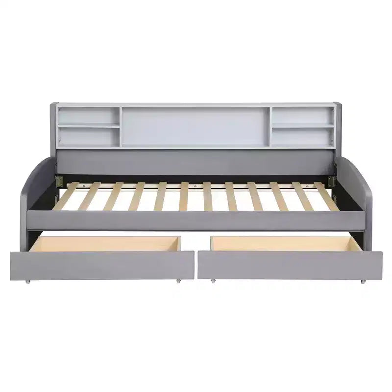 Cadre de lit de repos double avec 2 tiroirs de rangement et rangement latéral, revêtement en velours