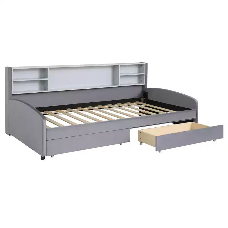 Cadre de lit de repos double avec 2 tiroirs de rangement et rangement latéral, revêtement en velours