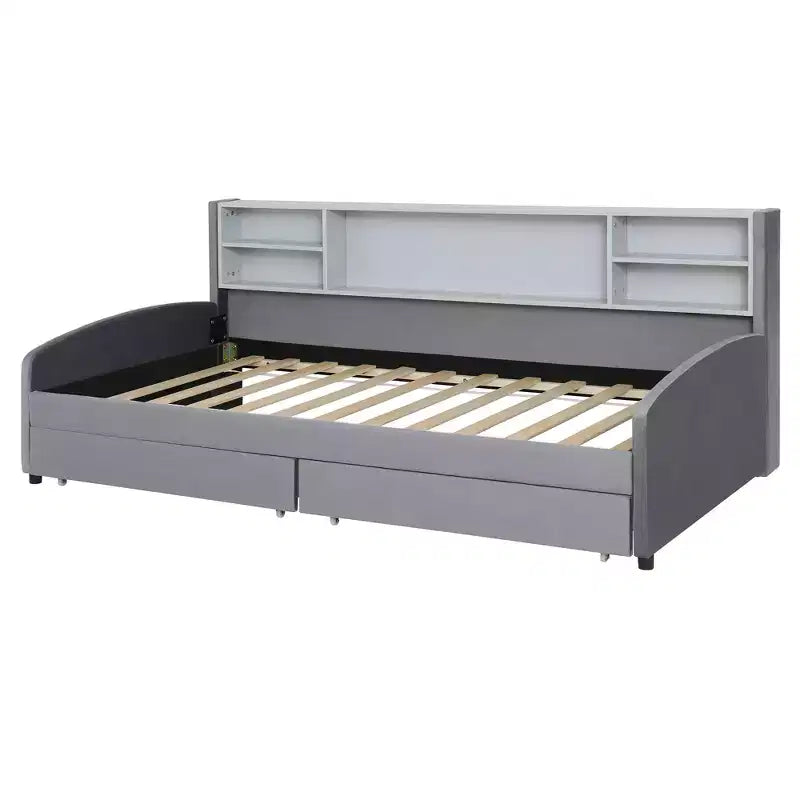 Cadre de lit de repos double avec 2 tiroirs de rangement et rangement latéral, revêtement en velours