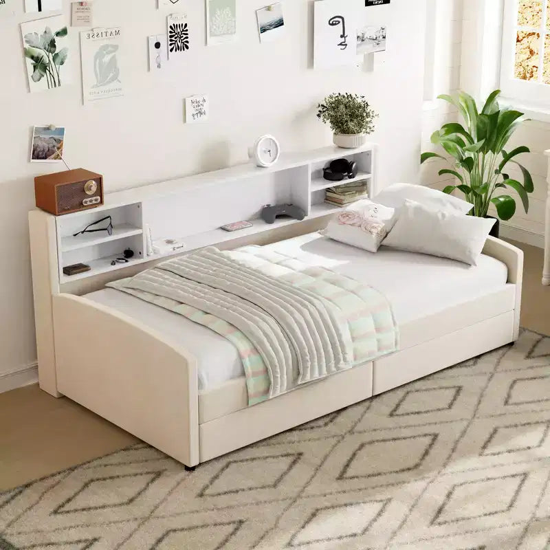 Cadre de lit de repos double avec 2 tiroirs de rangement et rangement latéral, revêtement en velours