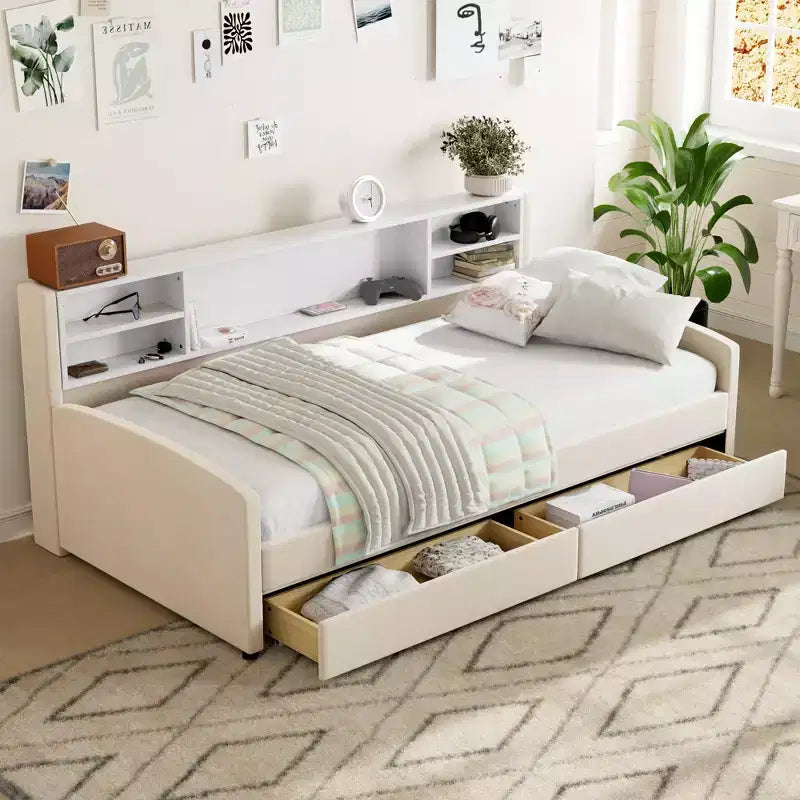 Cadre de lit de repos double avec 2 tiroirs de rangement et rangement latéral, revêtement en velours