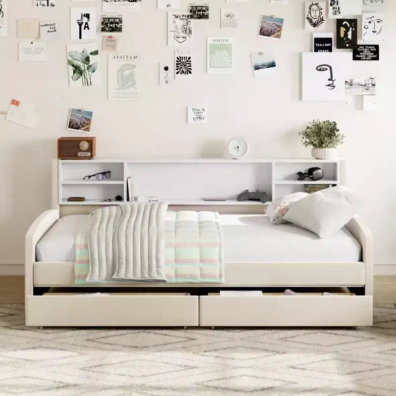Cadre de lit de repos double avec 2 tiroirs de rangement et rangement latéral, revêtement en velours