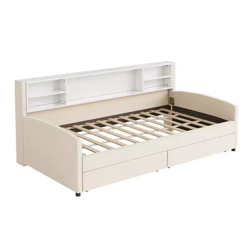 Cadre de lit de repos double avec 2 tiroirs de rangement et rangement latéral, revêtement en velours