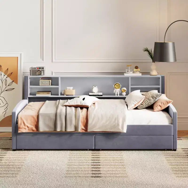 Cadre de lit de repos double avec 2 tiroirs de rangement et rangement latéral, revêtement en velours