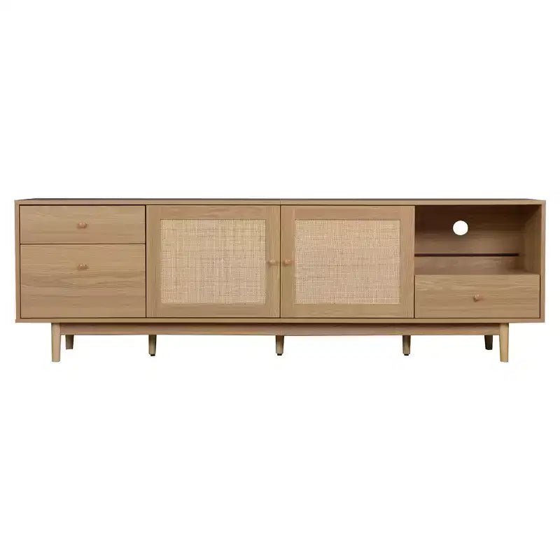 Meuble TV en rotin naturel de style moderne du milieu du siècle, console de divertissement de 195 cm avec rangement ouvert et tiroirs