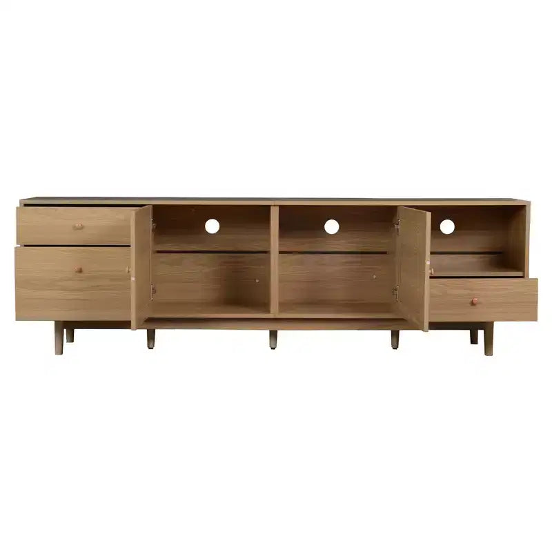 Meuble TV en rotin naturel de style moderne du milieu du siècle, console de divertissement de 195 cm avec rangement ouvert et tiroirs