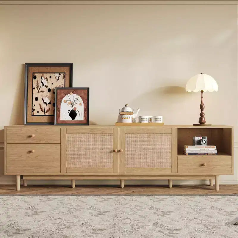 Meuble TV en rotin naturel de style moderne du milieu du siècle, console de divertissement de 195 cm avec rangement ouvert et tiroirs