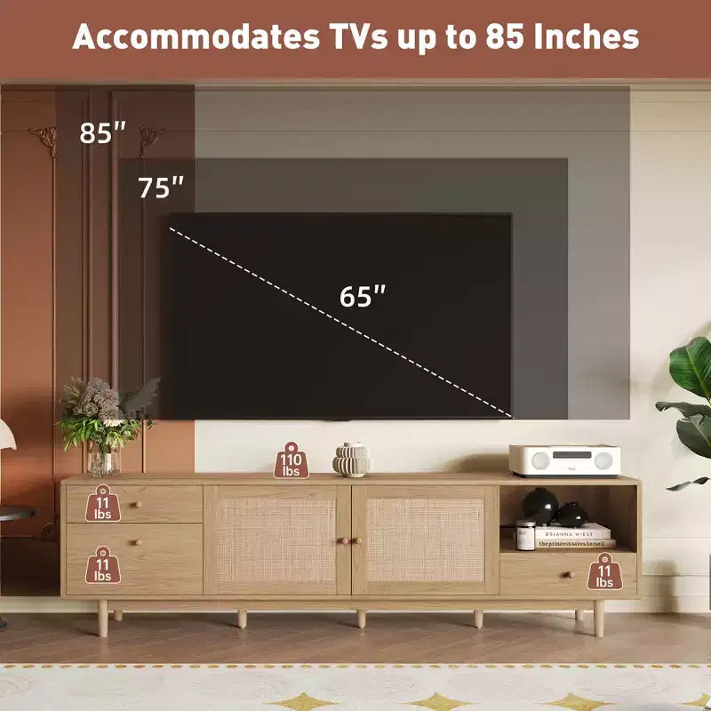Meuble TV en rotin naturel de style moderne du milieu du siècle, console de divertissement de 195 cm avec rangement ouvert et tiroirs
