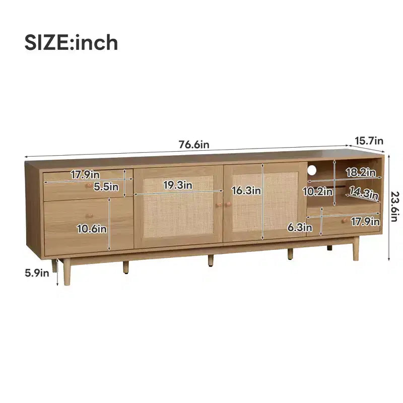 Meuble TV en rotin naturel de style moderne du milieu du siècle, console de divertissement de 195 cm avec rangement ouvert et tiroirs
