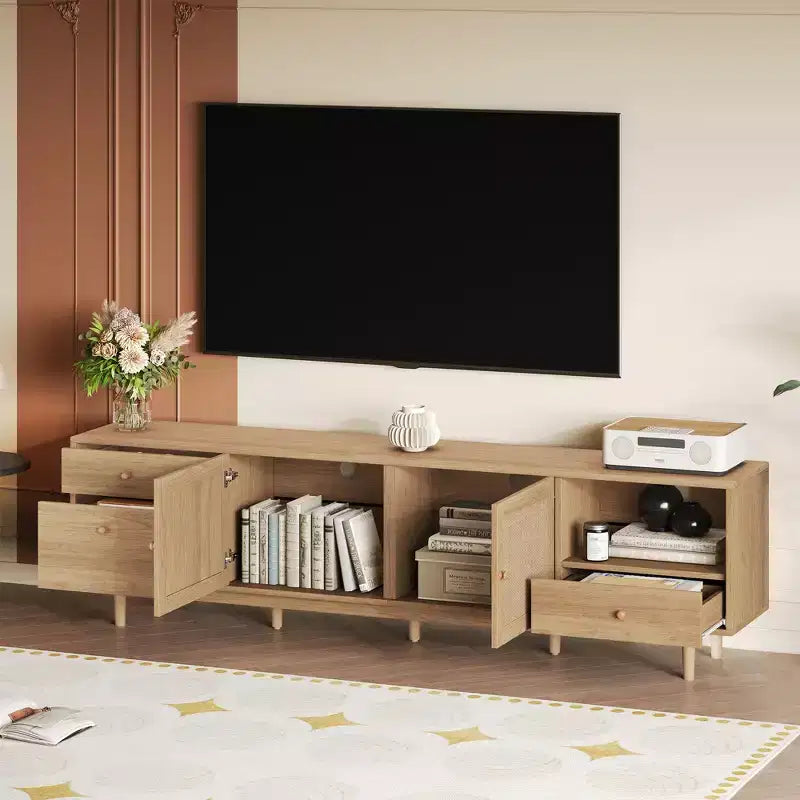 Meuble TV en rotin naturel de style moderne du milieu du siècle, console de divertissement de 195 cm avec rangement ouvert et tiroirs