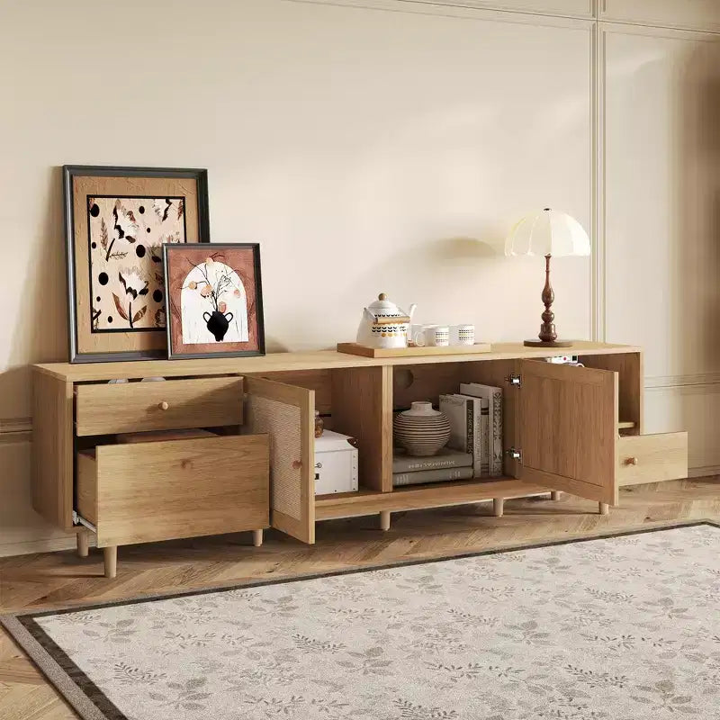 Meuble TV en rotin naturel de style moderne du milieu du siècle, console de divertissement de 195 cm avec rangement ouvert et tiroirs